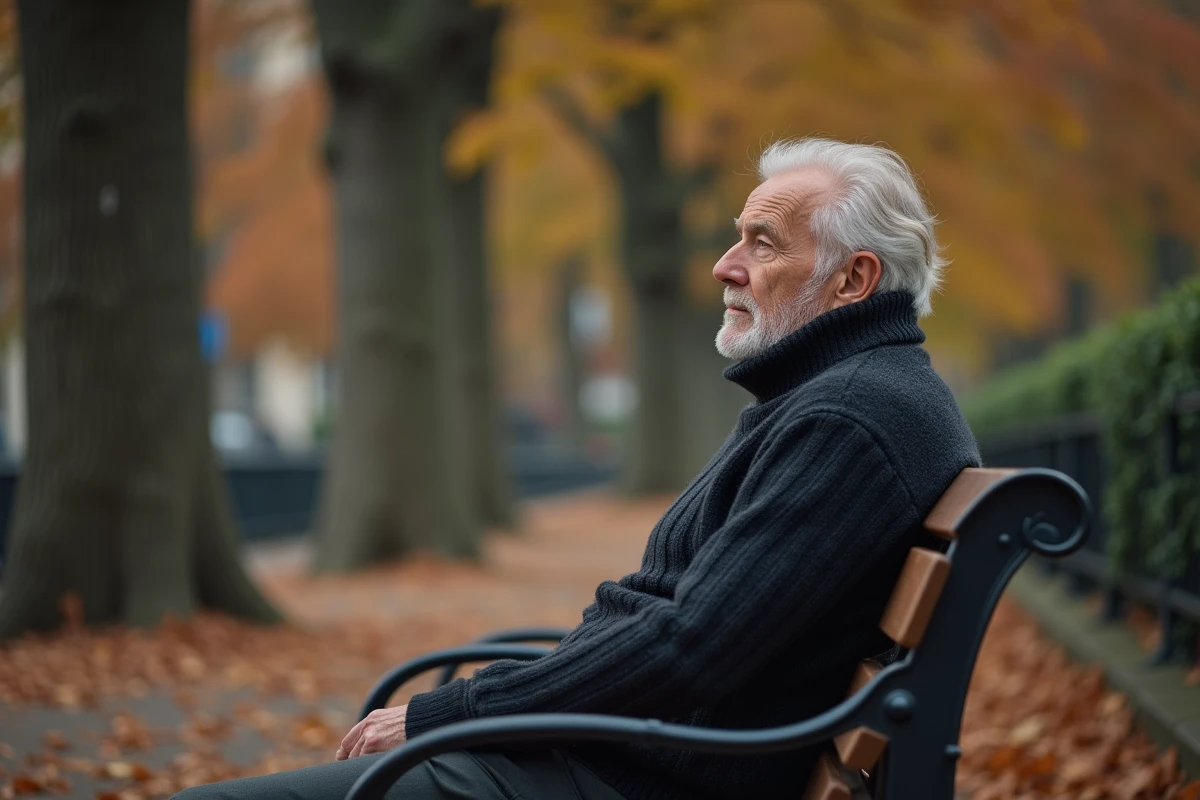 Homme âgé méditatif assis sur un banc de jardin parisien en automne, symbolisant la résilience face à la maladie