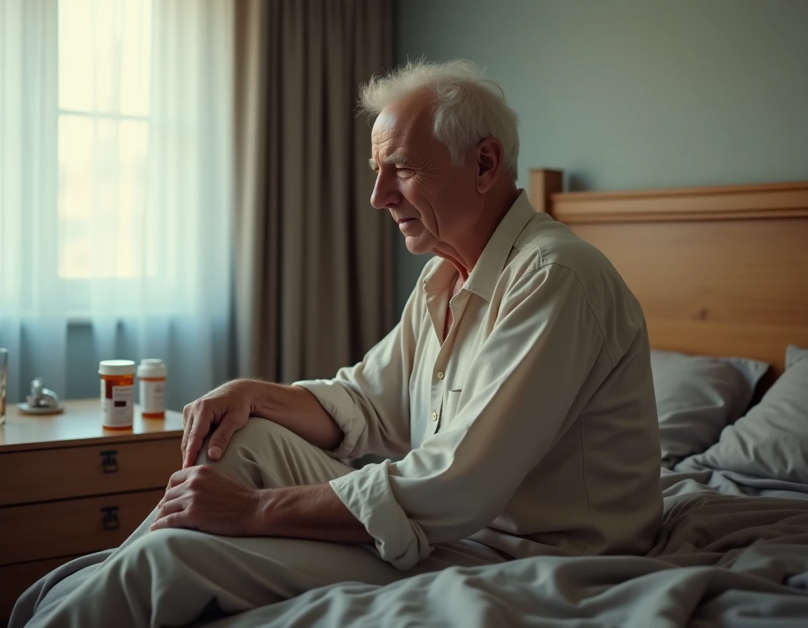 Homme &acirc;g&eacute; fatigu&eacute; assis sur son lit avec m&eacute;dicaments, symbolisant la fatigue chronique et l'an&eacute;mie li&eacute;es &agrave; un TCMH bas et un cancer