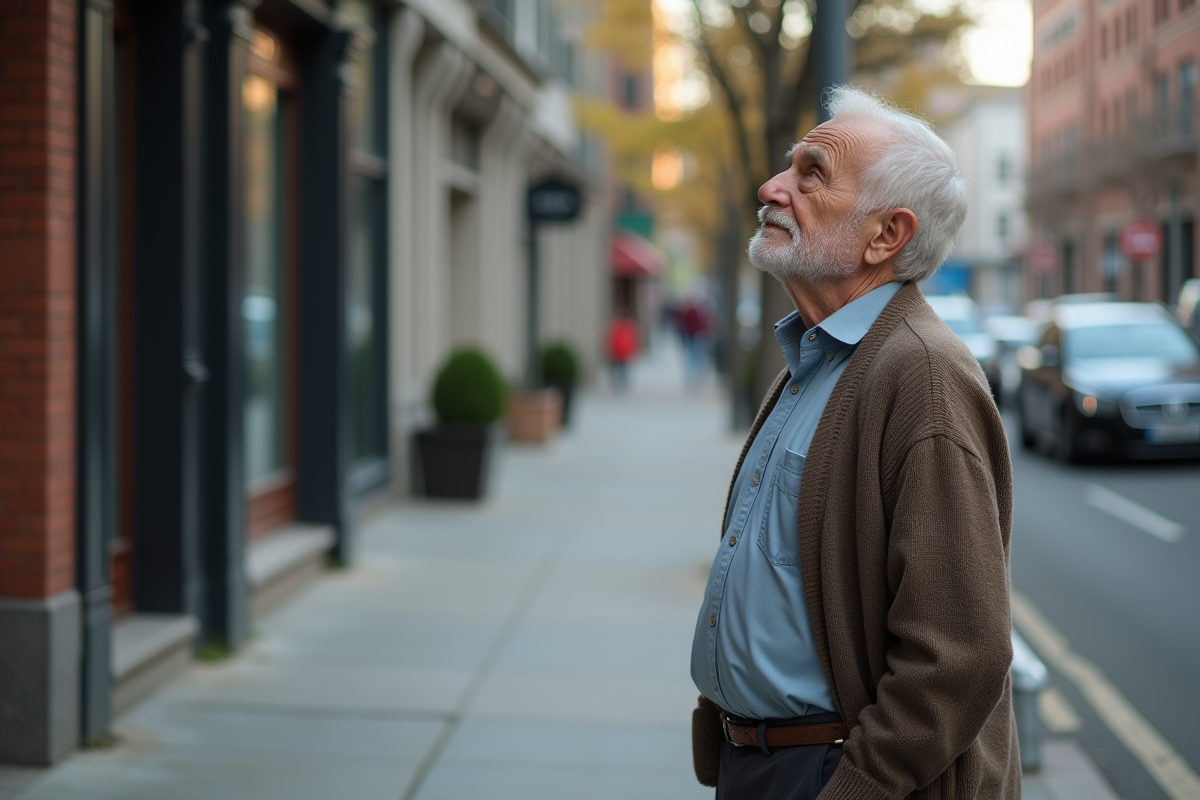 Homme âgé regardant vers le ciel dans une rue urbaine