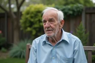 Homme âgé assis dans un jardin paisible avec signes de cancer de la peau