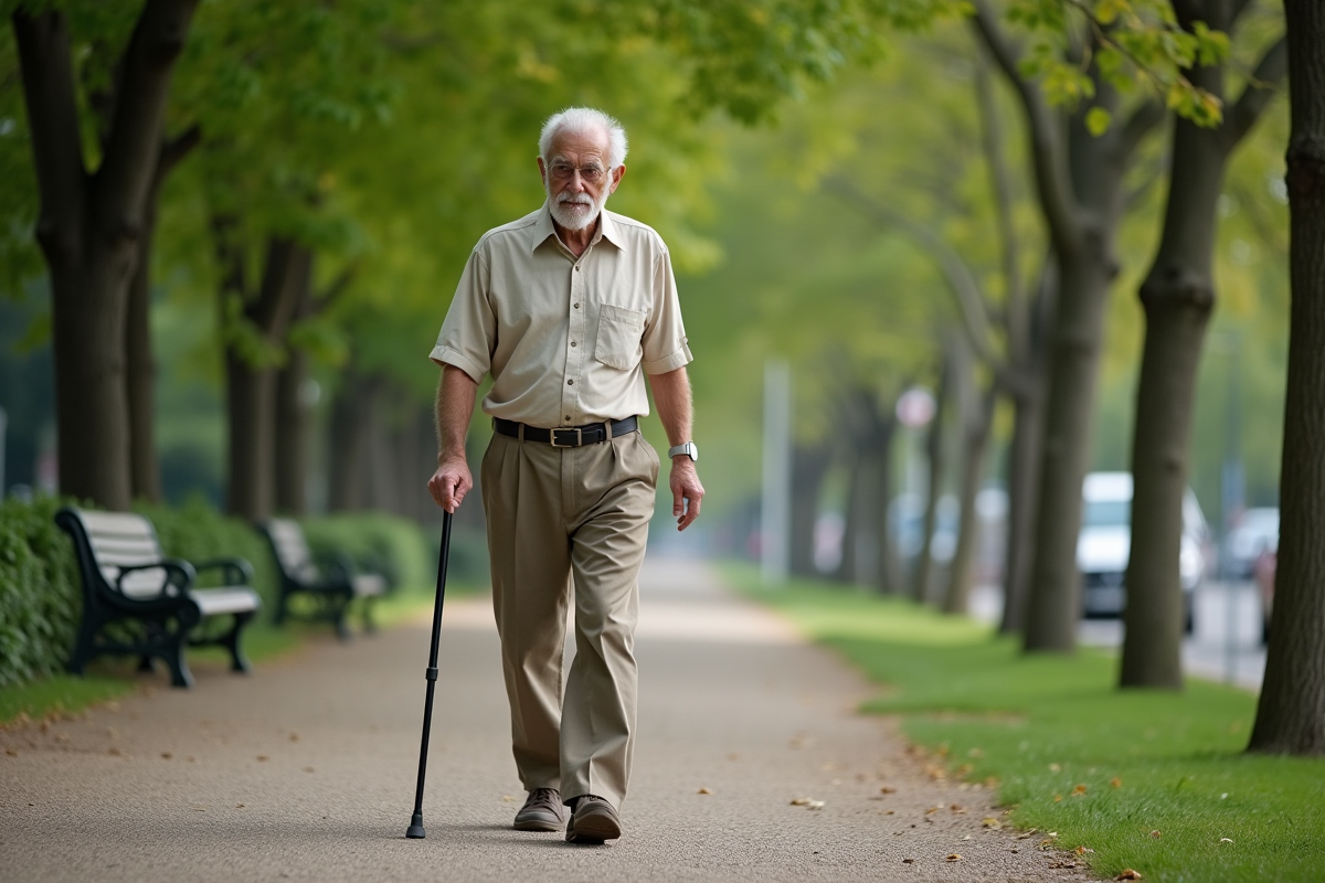Homme âgé marchant dans un parc avec un canne