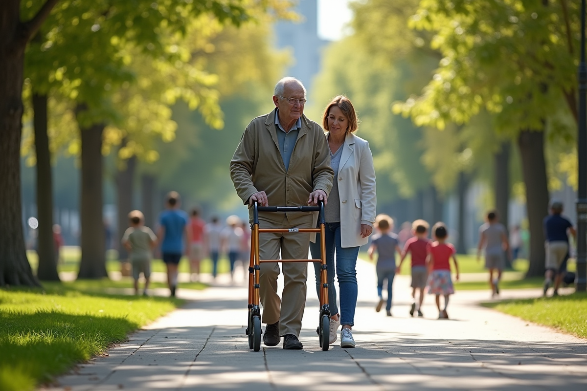 Homme âgé avec déambulateur dans un parc urbain animé