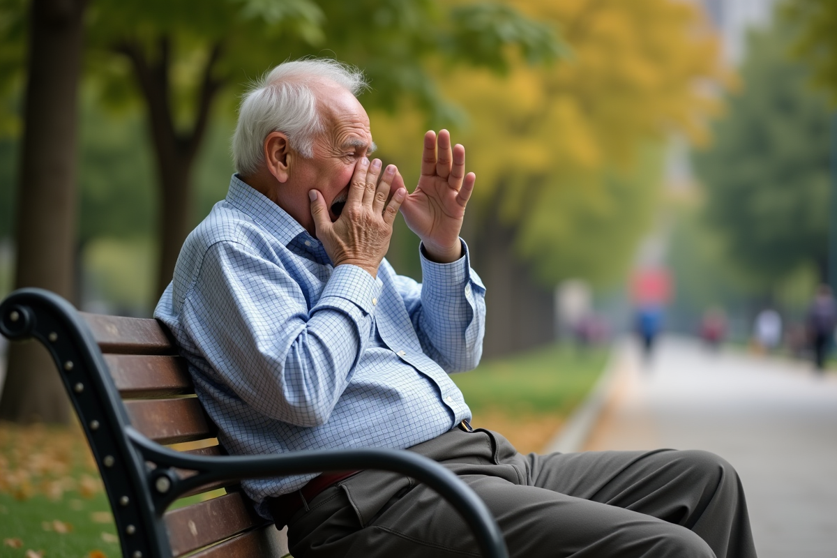 Homme agee assis sur un banc de parc en se frottant les yeux