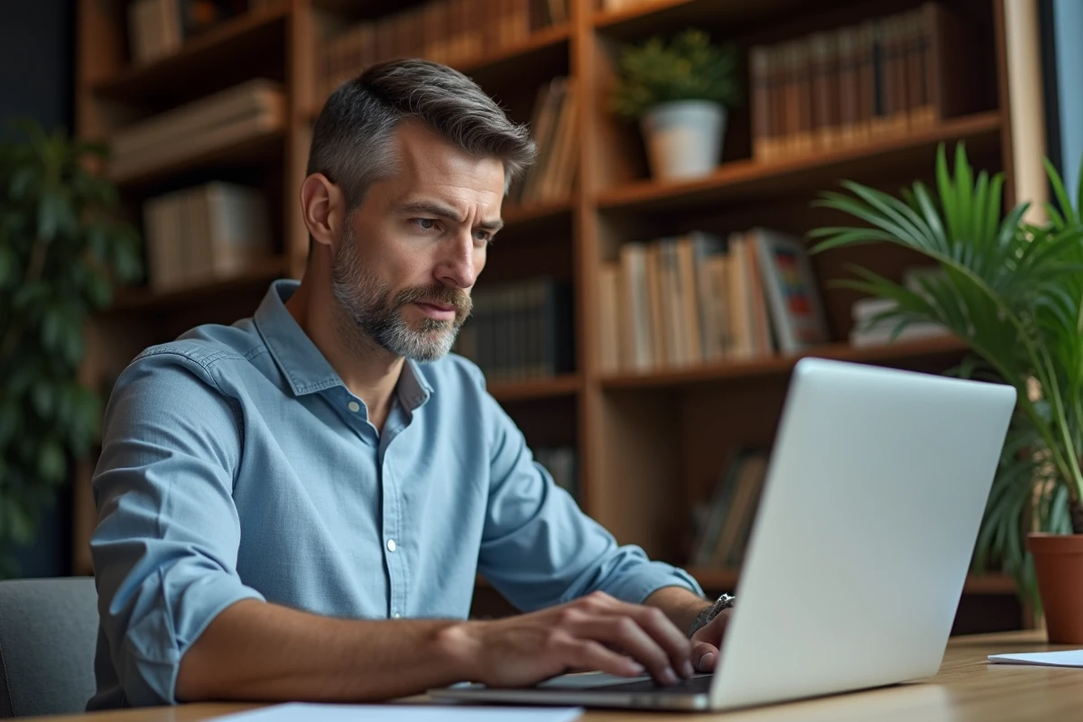 Homme analysant les avis clients sur un produit minceur Get Slimm m6 sur ordinateur portable