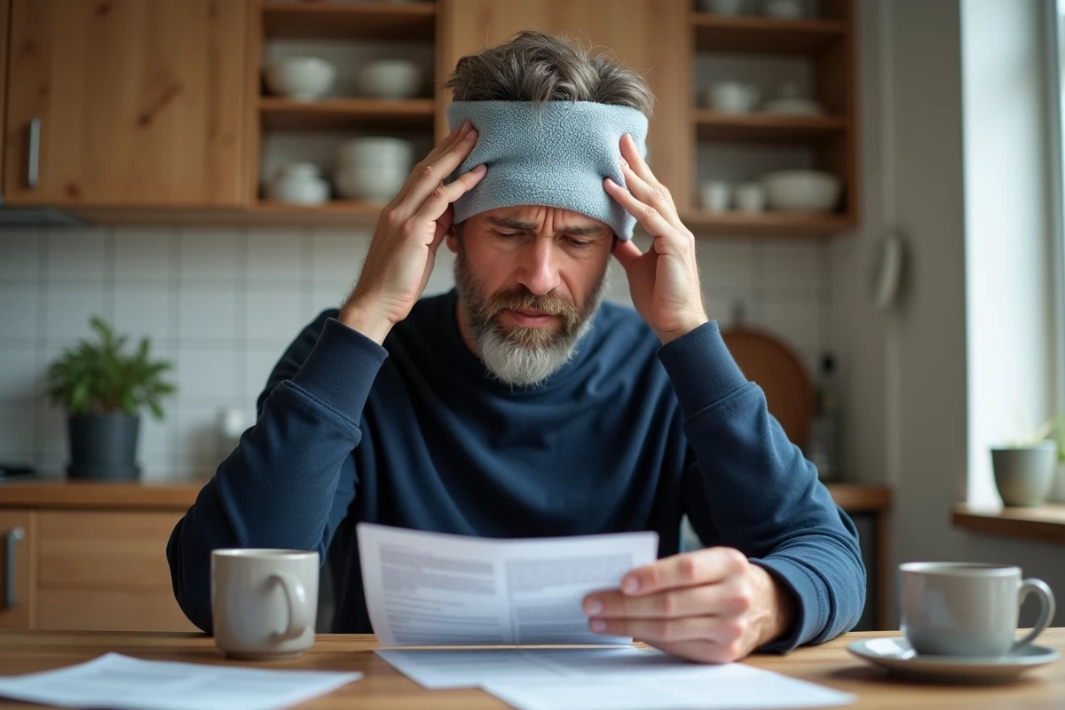 Homme appliquant un masque migraine dans la cuisine