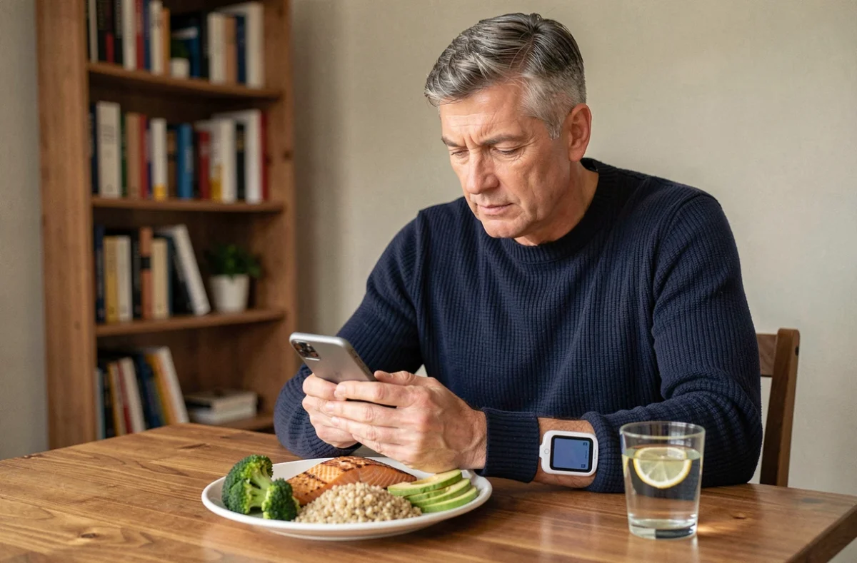Homme consultant une application nutritionnelle pour ajuster son alimentation et corriger ses écarts de glycémie