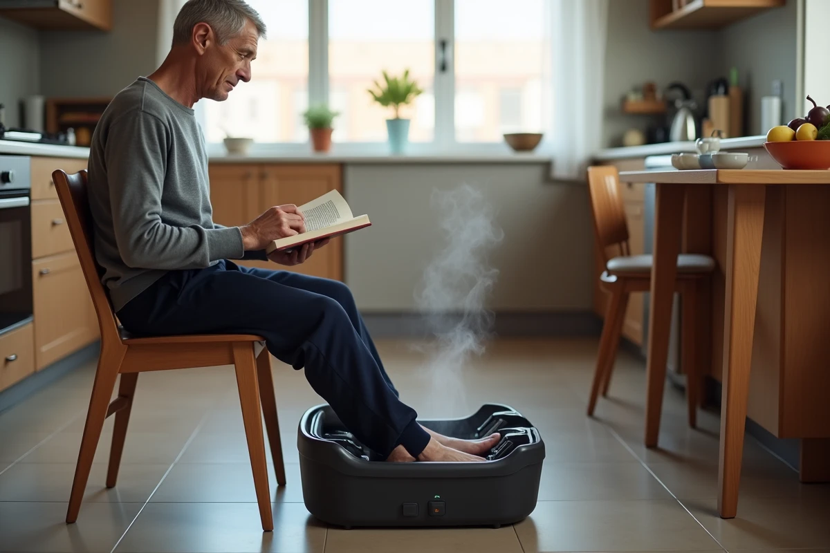 Homme se relaxant avec un bain de pieds massant électrique dans une cuisine moderne