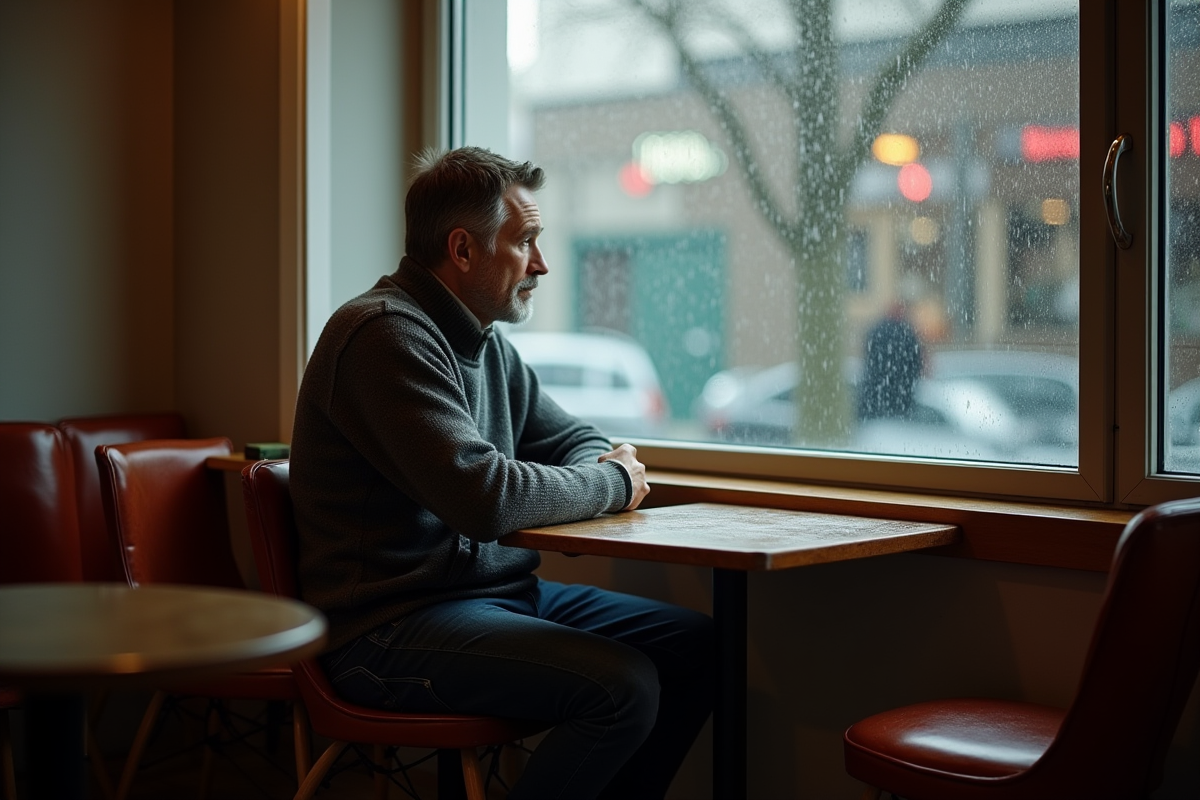 Homme d'âge moyen seul au café près de la fenêtre pluvieuse