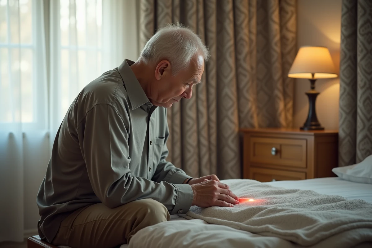 Homme âgé touchant une rougeur sur le bas du dos à la maison