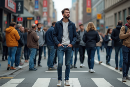 Homme en ville au passage pi&eacute;ton avec foule