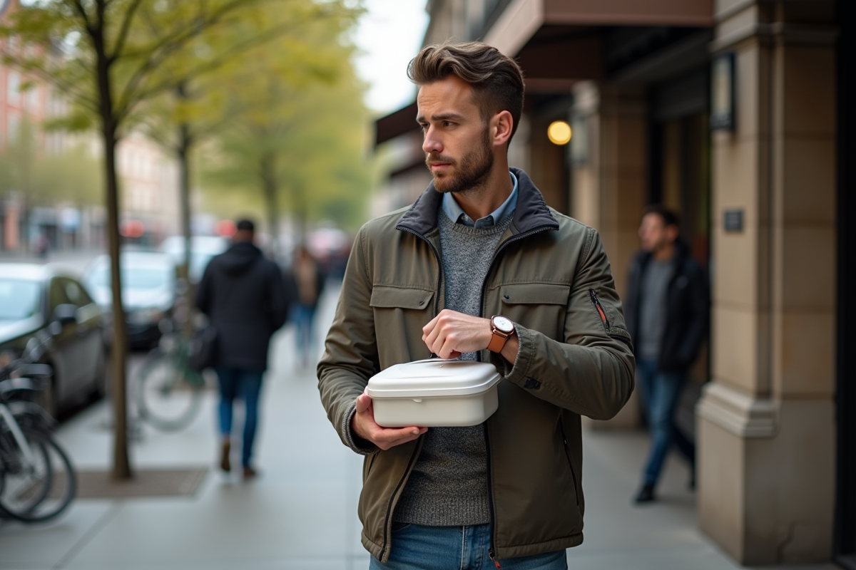 Homme en ville avec lunchbox et smartwatch en main