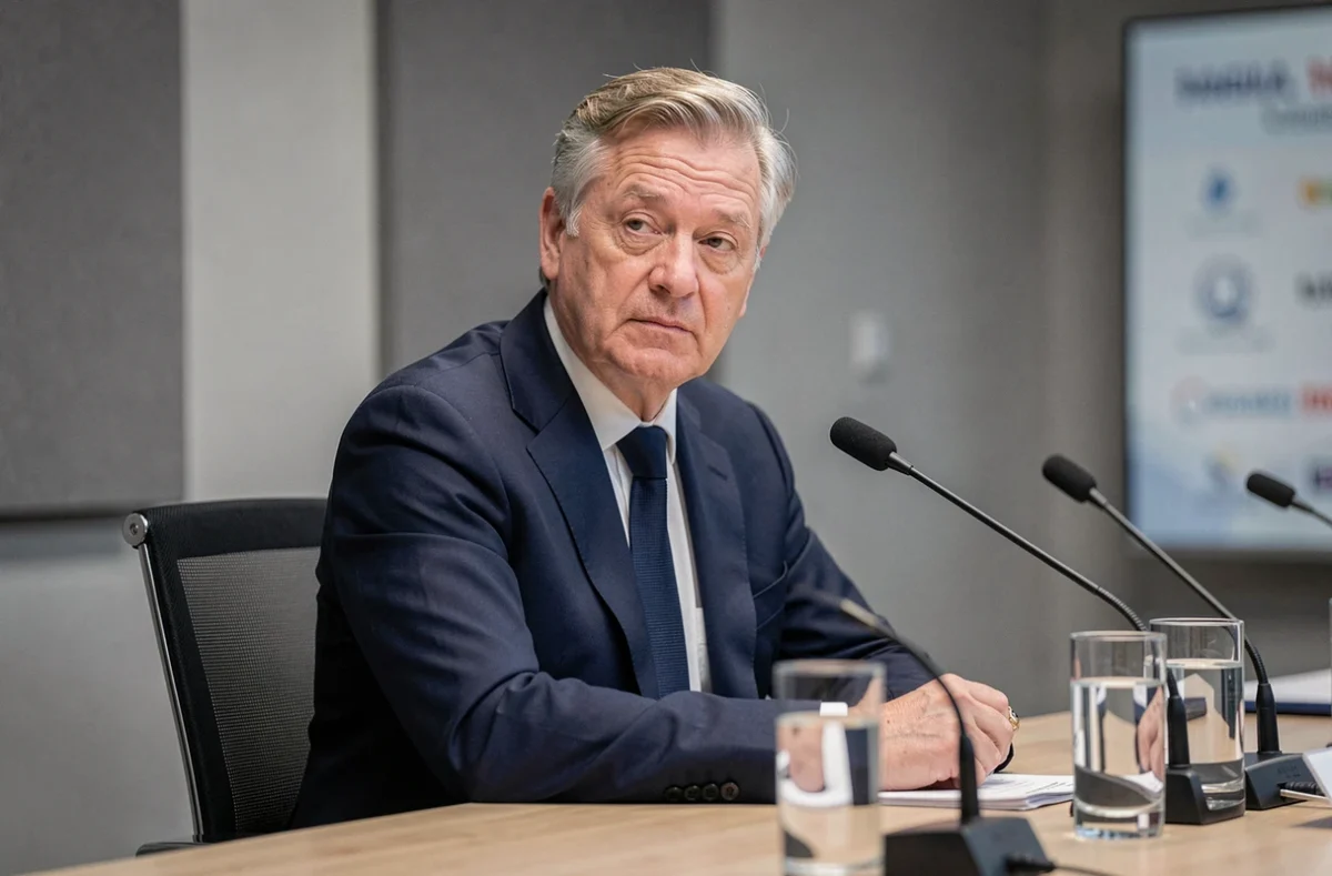 Homme en costume sombre assis devant des microphones lors d'une conférence de presse, expression grave et professionnelle, ambiance institutionnelle