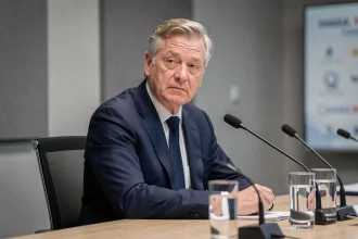 Homme en costume sombre assis devant des microphones lors d'une conférence de presse, expression grave et professionnelle, ambiance institutionnelle