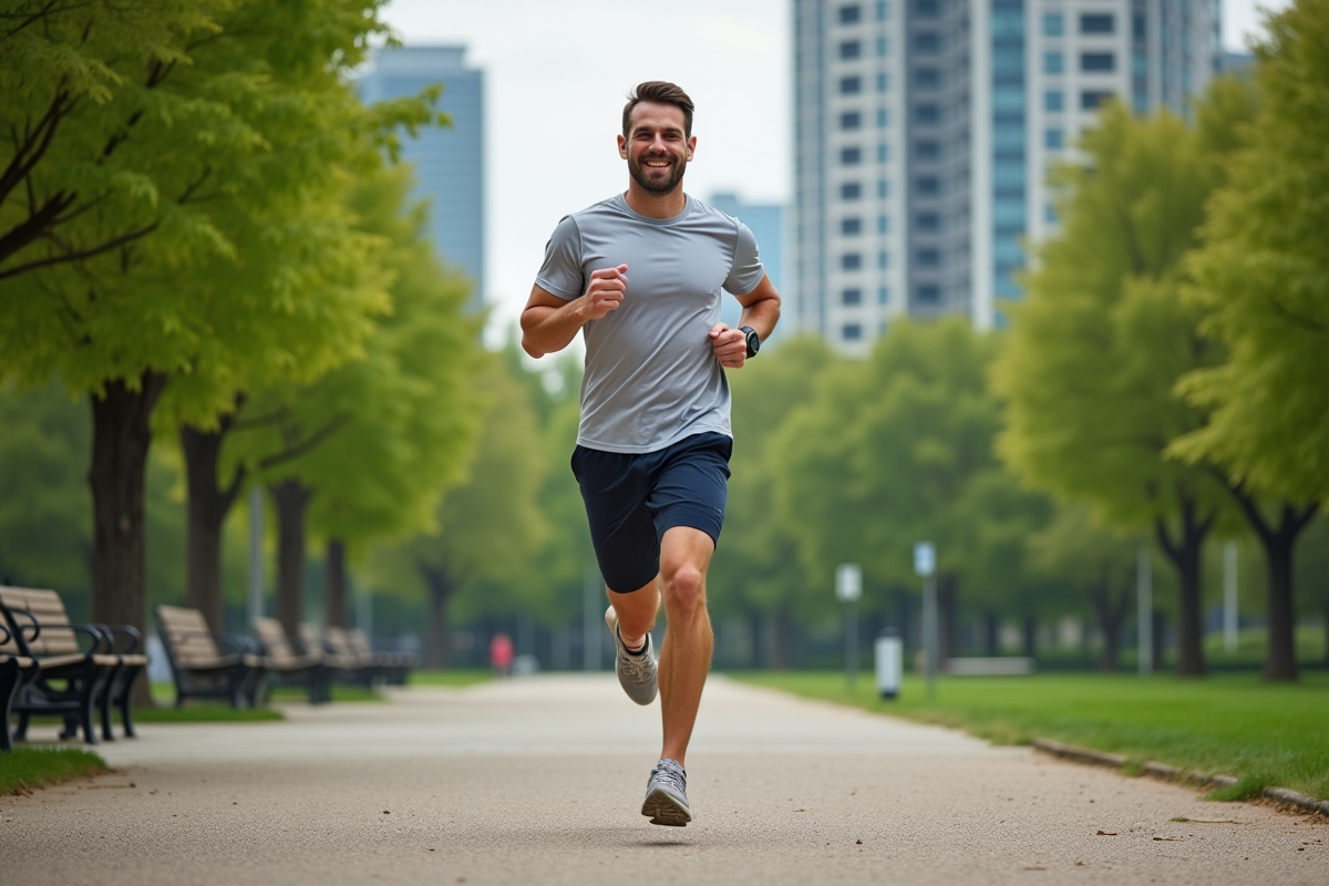 Homme en jogging courant dans un parc urbain verdoyant