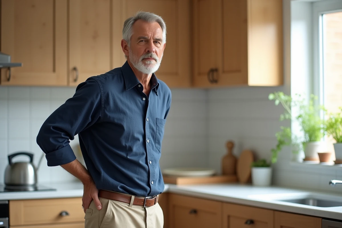 Homme debout dans une cuisine moderne se tenant le bas du dos droit, illustrant une posture asymétrique et une douleur lombaire