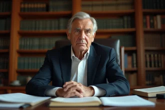 Homme âgé élégant assis à un bureau juridique, expression mélancolique et réfléchie, illustrant une révélation personnelle sur la santé