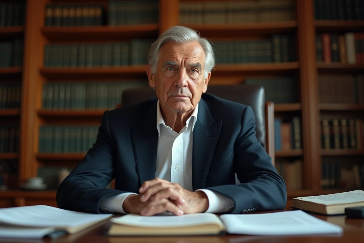 Homme âgé élégant assis à un bureau juridique, expression mélancolique et réfléchie, illustrant une révélation personnelle sur la santé