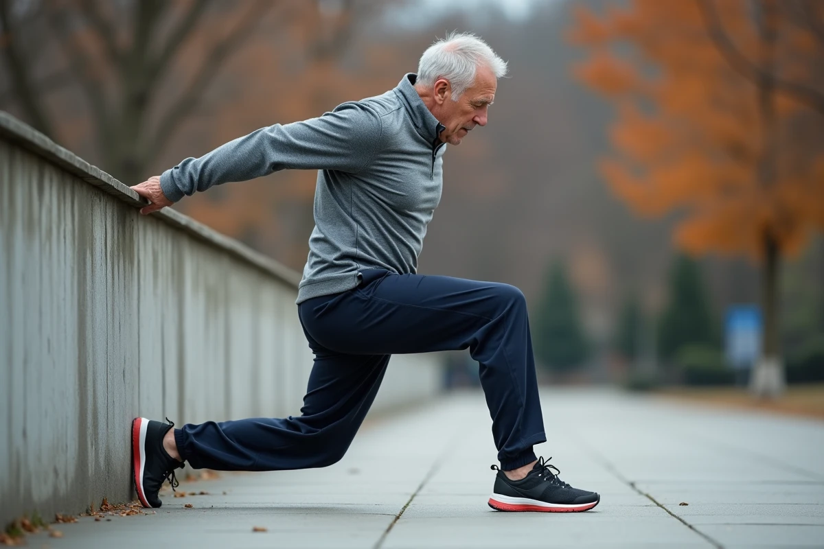 Homme de 60 ans effectuant un étirement du tendon d'Achille contre un mur dans un parc pour prévenir la récidive de bursite