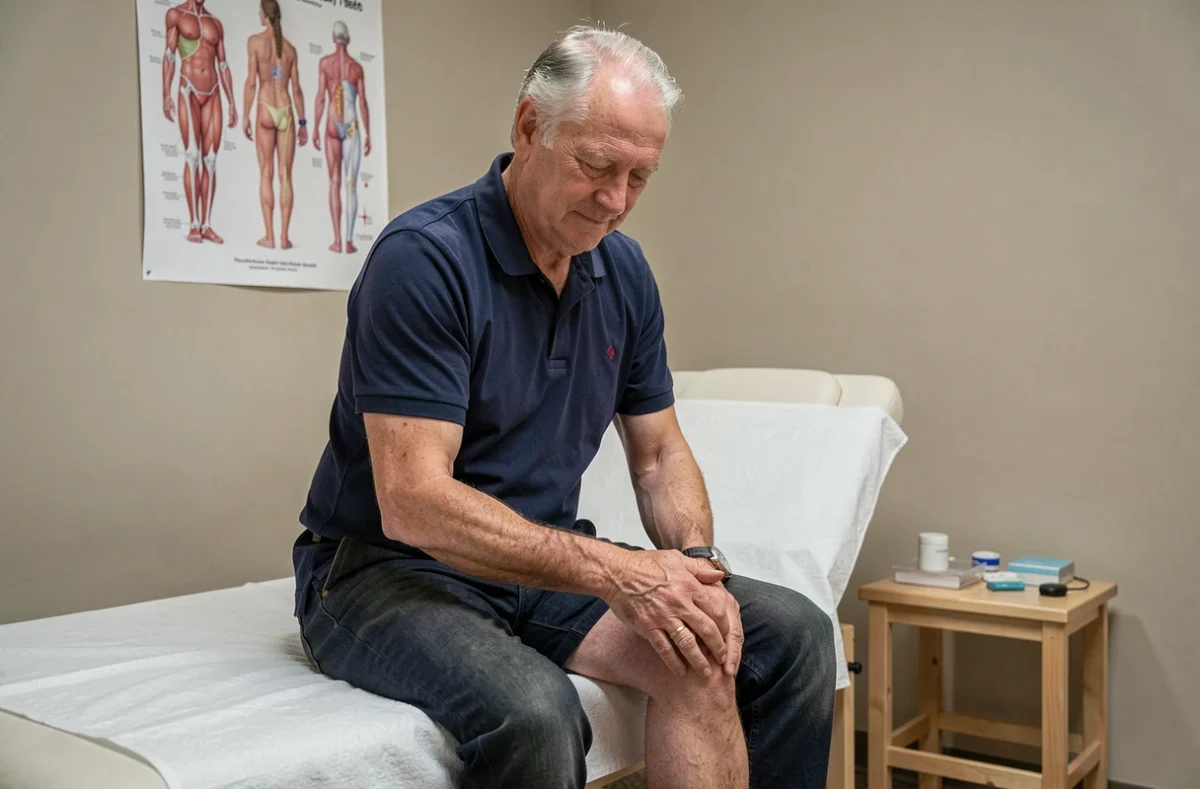Homme âgé en consultation de kinésithérapie tenant son genou douloureux après un traitement à la cortisone
