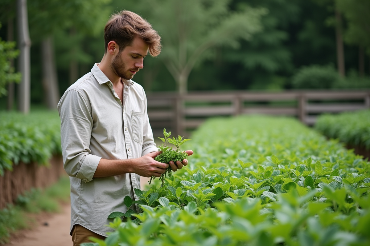 Jeune homme cueillant des feuilles de valériane dans un jardin