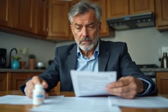 Homme inquiet lisant une notice de medicament xyphanol