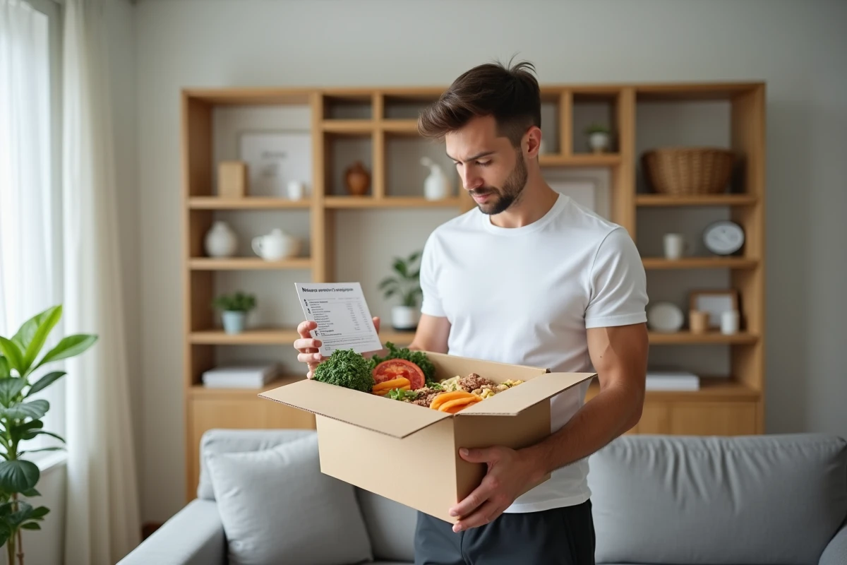 Homme inspectant le contenu d'une box régime reçue par livraison