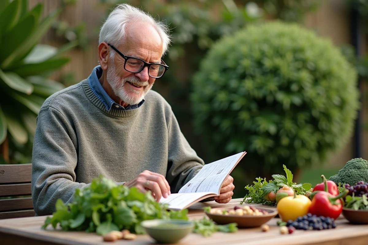 Homme âgé lisant un guide nutrition dans un jardin