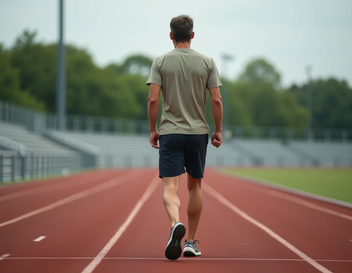 Homme marchant sur une piste d'athlétisme pour mesurer un kilomètre en nombre de pas