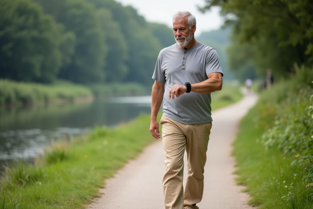 Homme de 55 ans consultant sa montre connectée pendant une marche au bord de la rivière pour compter ses pas