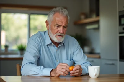 Homme d'une cinquantaine d'années lisant attentivement l'étiquette d'un médicament à la cuisine, illustrant les inquiétudes liées aux effets indésirables cardiaques de Puissance 1000