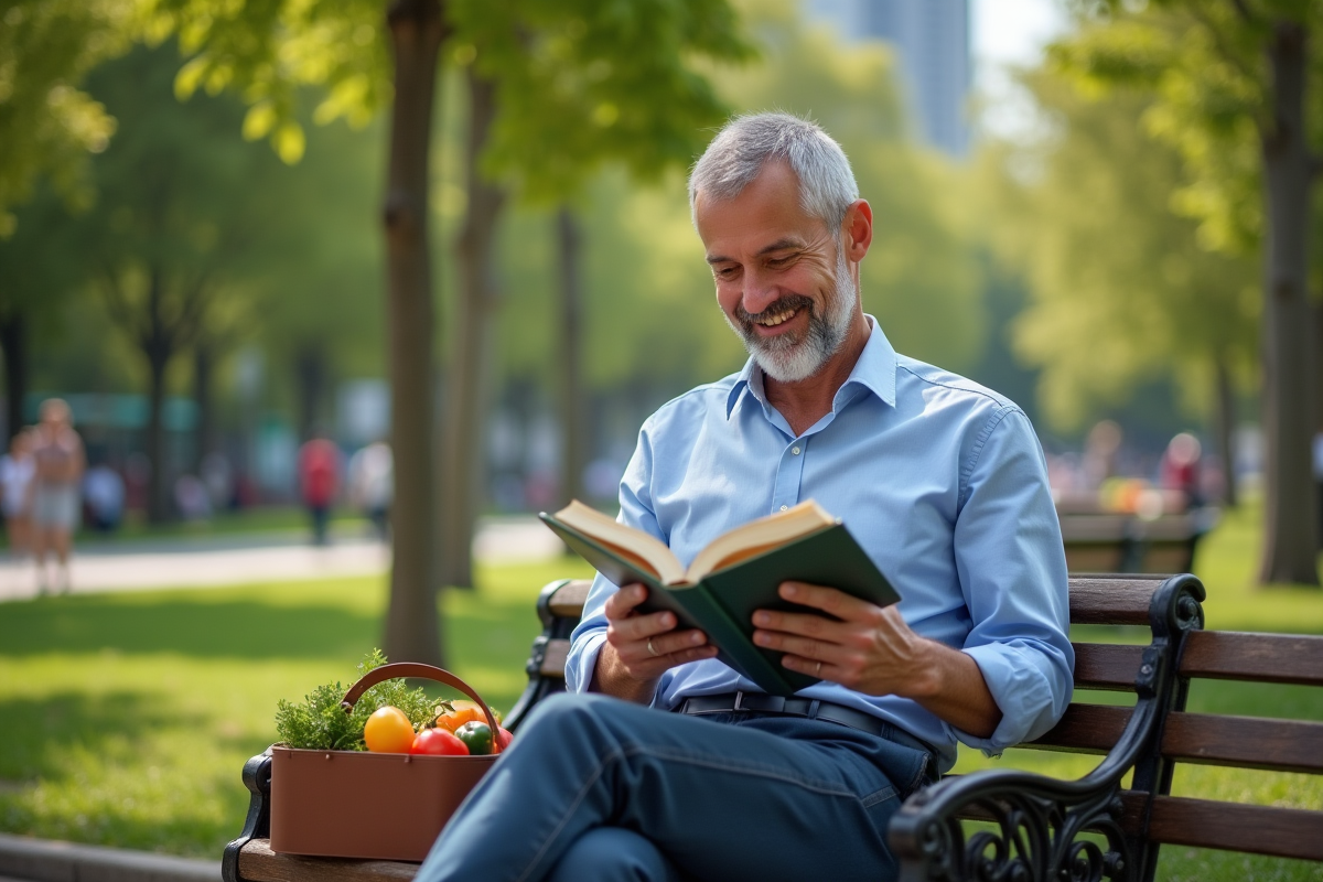 Homme lisant un livre sur la nutrition dans un parc