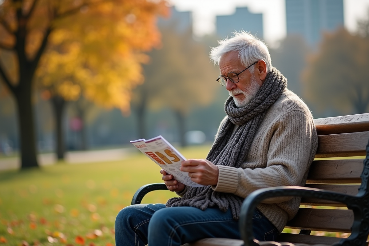 Homme age lisant brochure vitamine D dans parc urbain