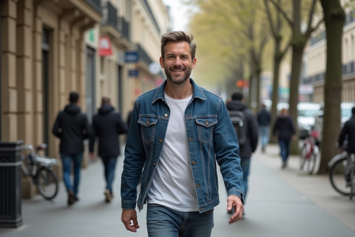 Homme d'âge moyen marchant dans une rue parisienne