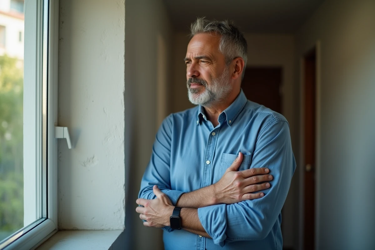 Homme dans un intérieur calme se tenant l