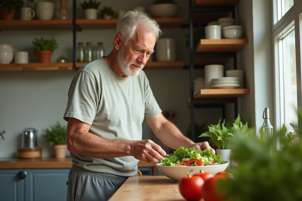 Homme âgé préparant une salade dans la cuisine lumineuse
