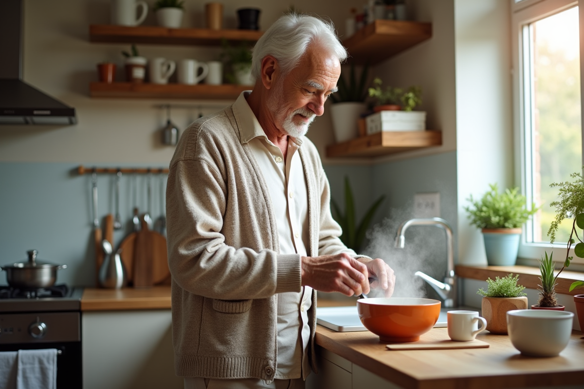 Homme âgé préparant une soupe dans une cuisine lumineuse