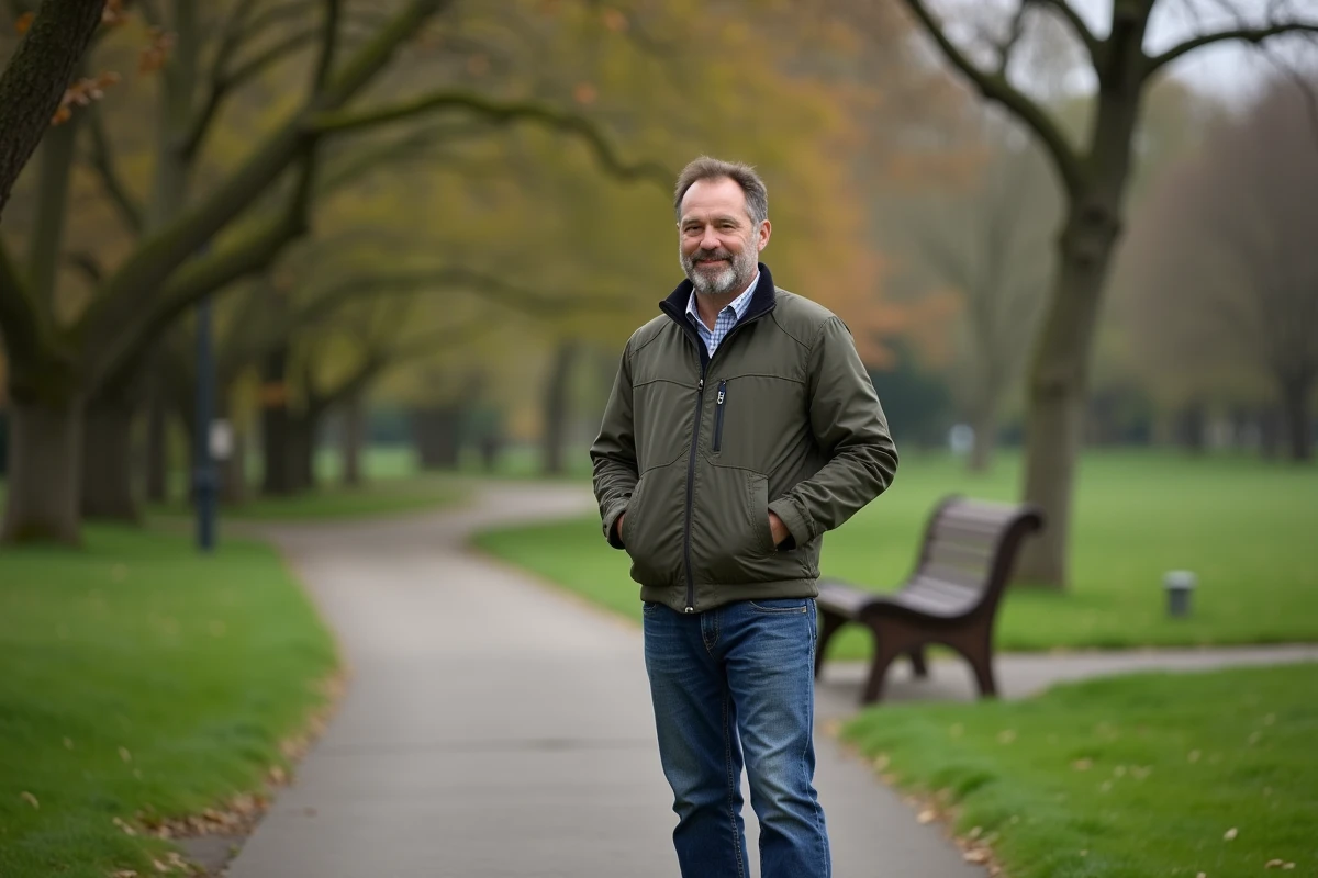 Homme debout dans un parc verdoyant et paisible