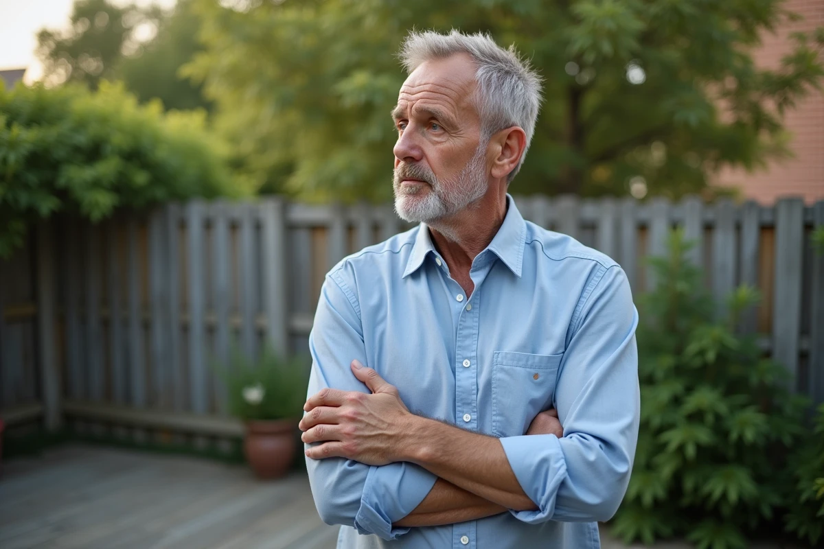 Homme d'âge moyen pensif dans un jardin suburbain
