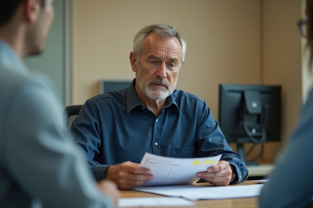 Homme tenant un dossier MDPH lors d'un rendez-vous dans un bureau administratif, expression préoccupée face aux démarches d'invalidité