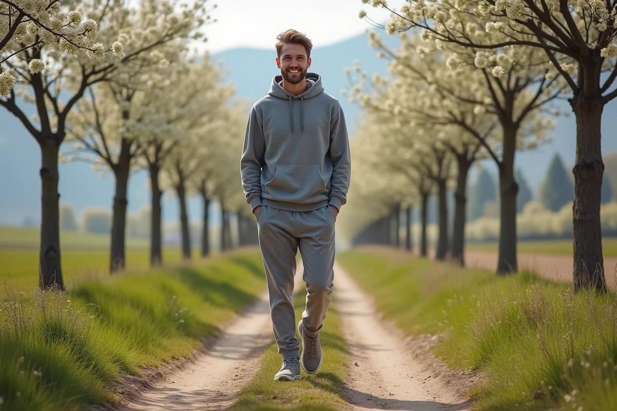Homme en tenue décontractée marchant sur un chemin rural