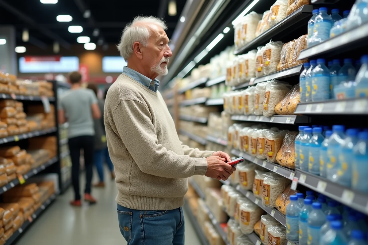 Homme age choisissant aliments faibles en fibre au supermarche