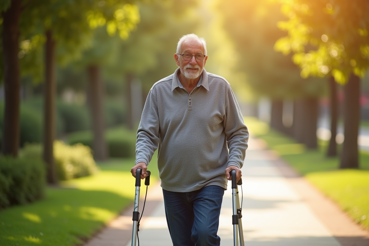 Homme senior marchant avec aide dans un parc ensoleille