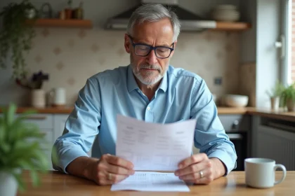 Homme d'une cinquantaine d'ann&eacute;es consulte ses r&eacute;sultats de test dans la cuisine