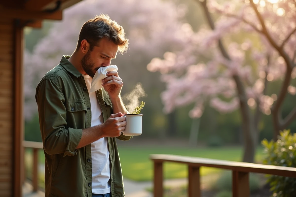 Homme éternuant en tenant une tisane au thym sur une terrasse en bois entourée d'arbres en fleurs au printemps