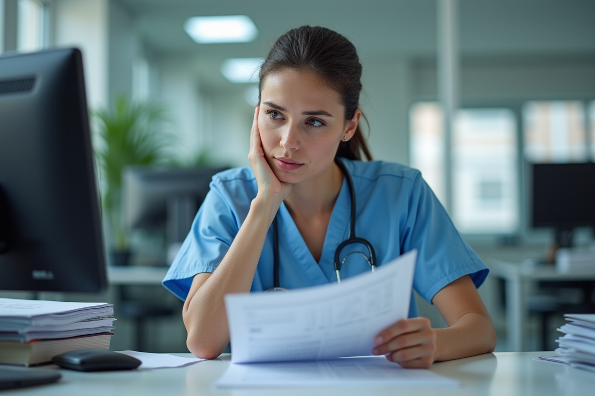 Infirmière analysant des documents médicaux dans une salle de repos