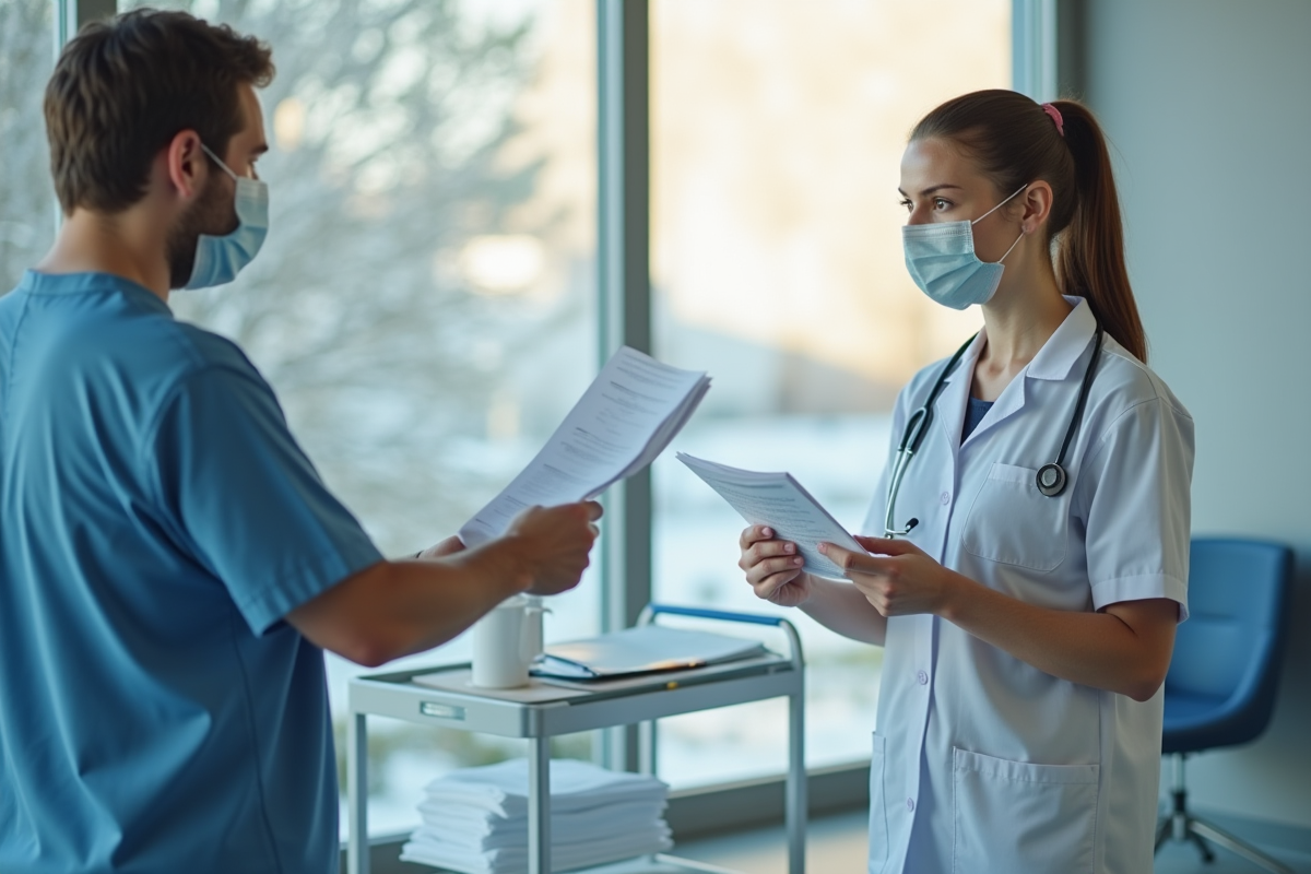 Infirmière en clinique moderne consulte documents de vaccination