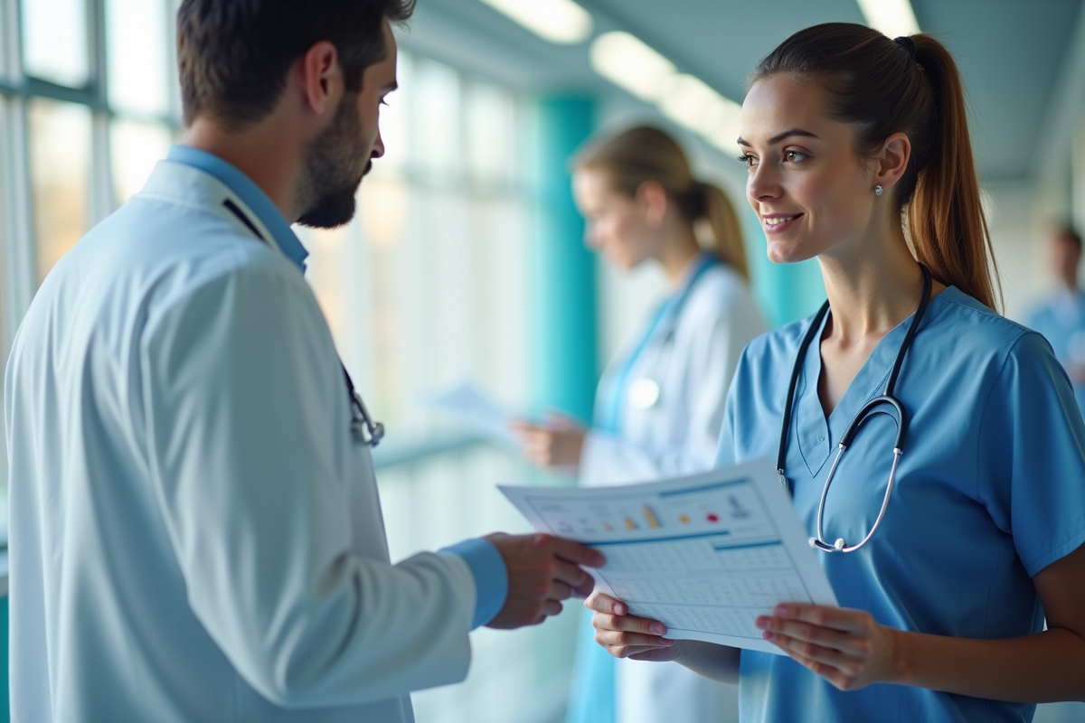 Infirmière dans un hôpital moderne discutant avec un médecin