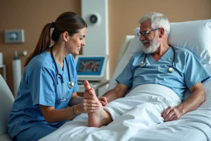 Infirmi&egrave;re en blouse bleue examinant le talon d'un patient &acirc;g&eacute;