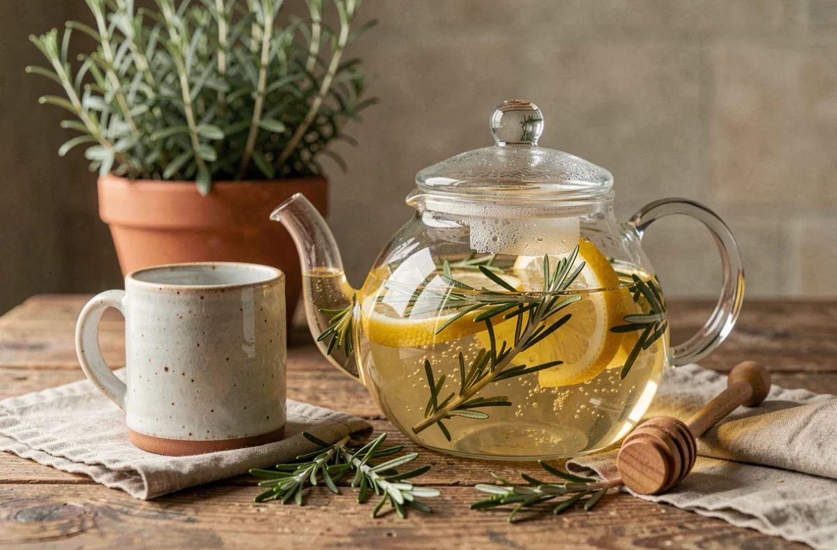 Infusion de romarin en train de se préparer dans une théière en verre sur un plan de travail rustique en bois avec une tasse en céramique artisanale