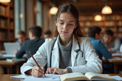 &Eacute;tudiante en m&eacute;decine concentr&eacute;e dans une biblioth&egrave;que universitaire